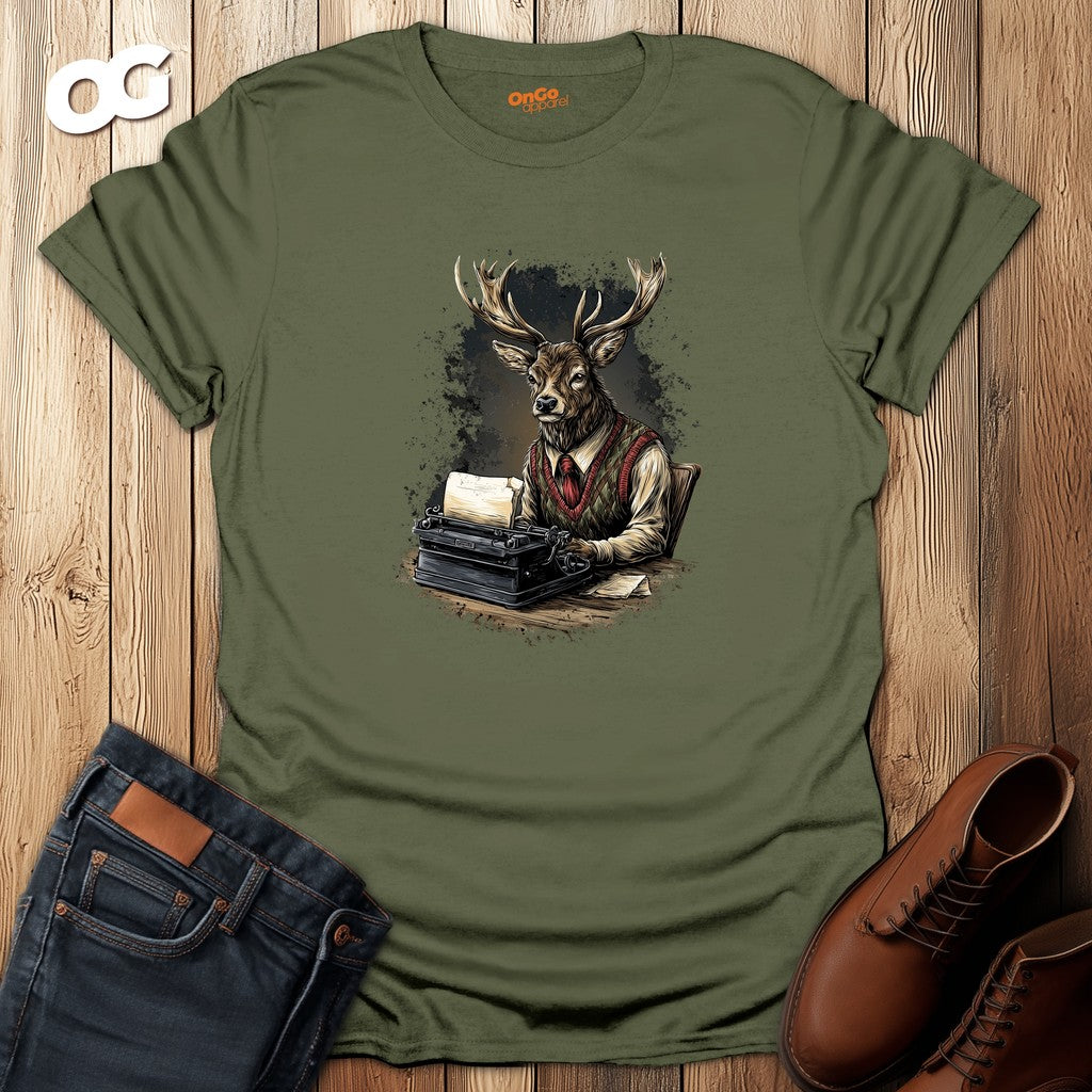Vintage Deer Typewriter T-Shirt – military_green – oak-wood