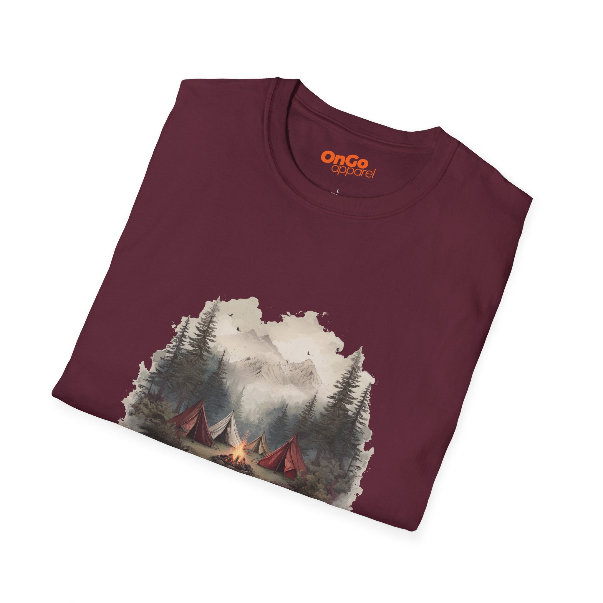 Camping Adventure T-Shirt with Bonfire and Mountain Scene