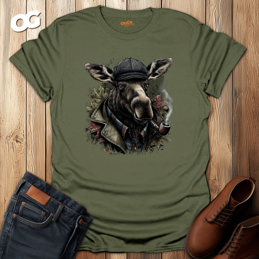 Moose with Pipe T-Shirt - Nature Wildlife Design – military_green – oak-wood