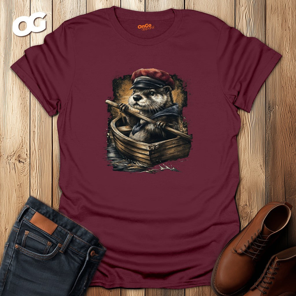 Otter in Boat T-Shirt with Red Cap Design – maroon – oak-wood