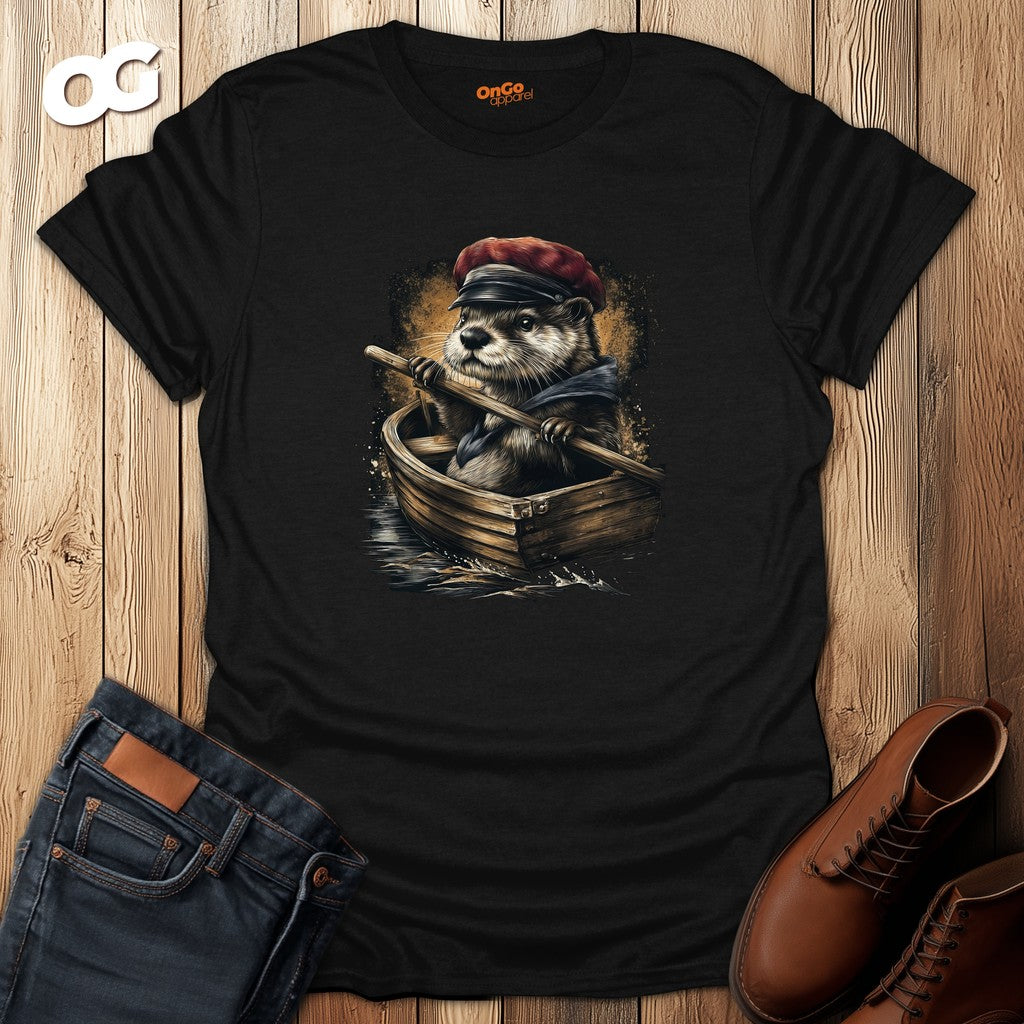Otter in Boat T-Shirt with Red Cap Design – black – oak-wood