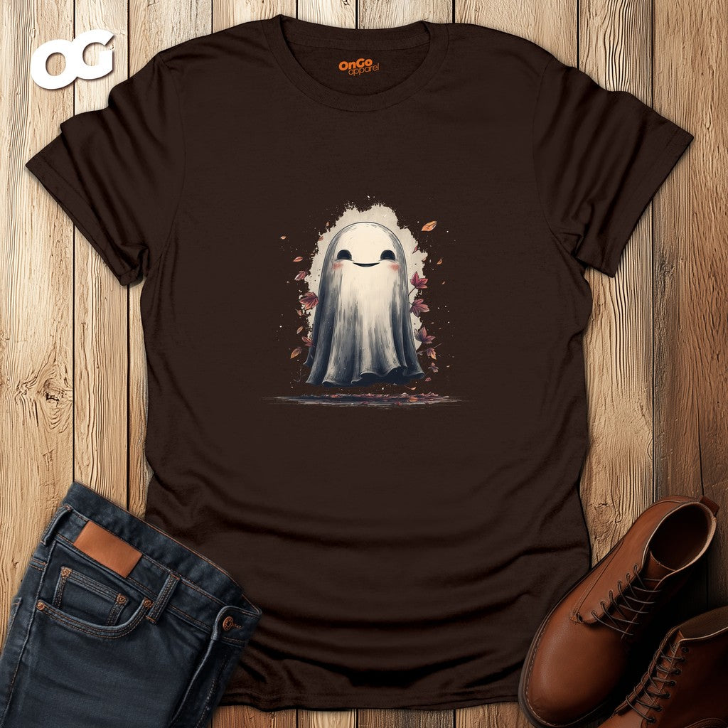 Charming Ghost with Leaves Graphic T-Shirt – dark_chocolate – oak-wood