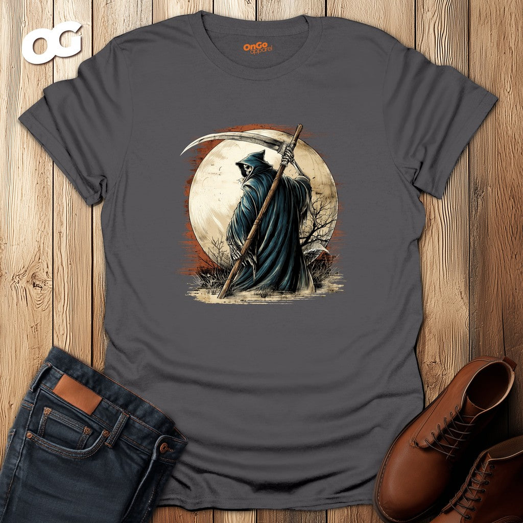 Grim Reaper Scythe and Moon Graphic T-Shirt – charcoal – oak-wood