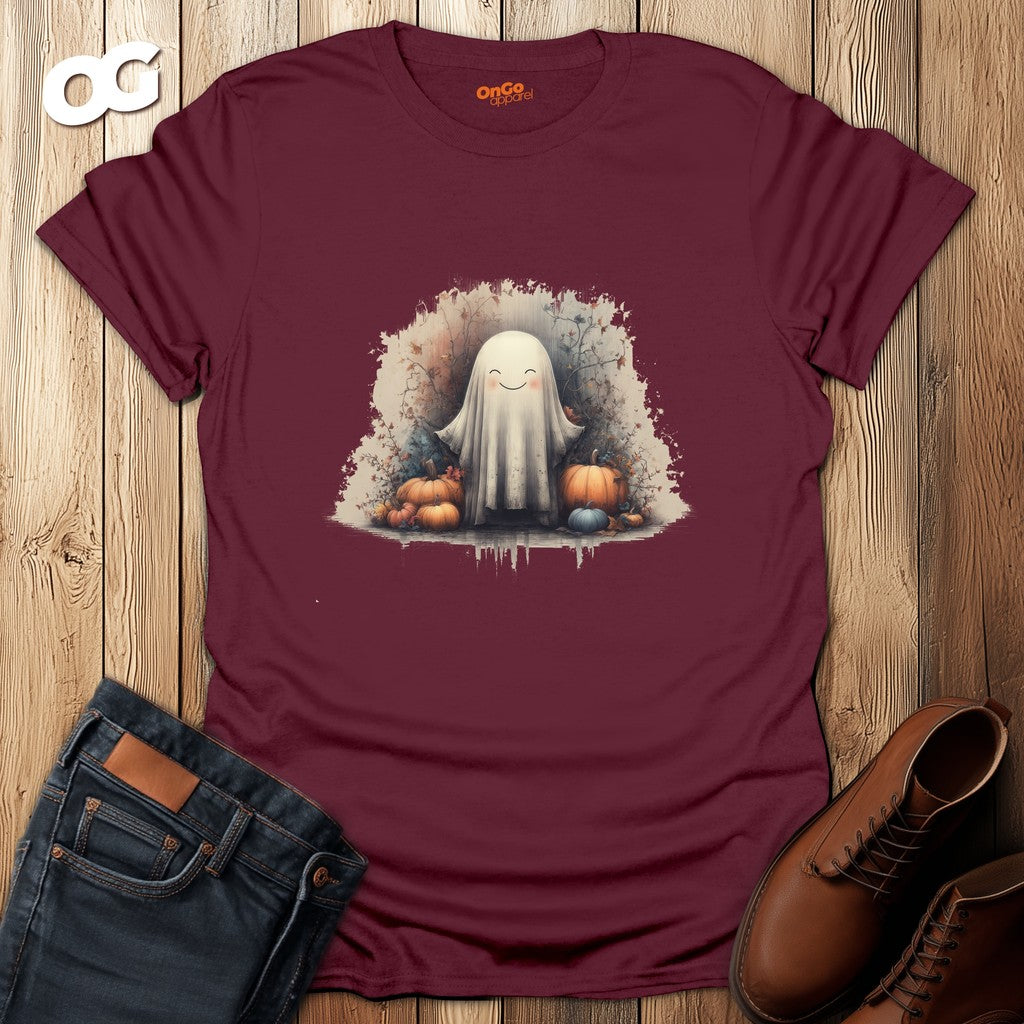 Charming Ghost and Pumpkins Graphic T-Shirt – maroon – oak-wood