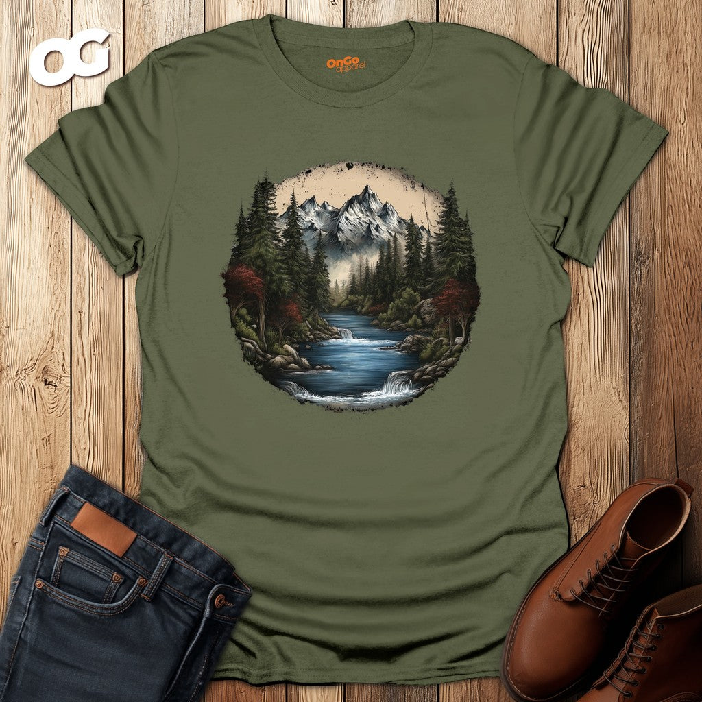 Nature Landscape T-Shirt with Mountain River Design – military_green – oak-wood