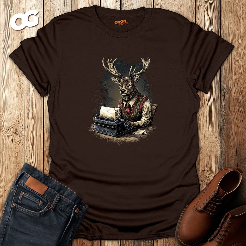 Vintage Deer Typewriter T-Shirt – dark_chocolate – oak-wood
