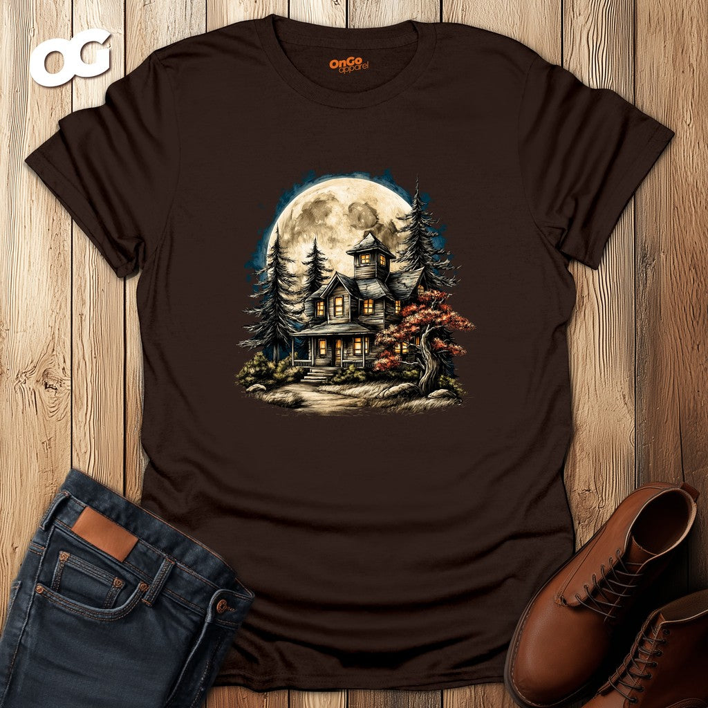 Haunted House T-Shirt with Mystical Design – dark_chocolate – oak-wood