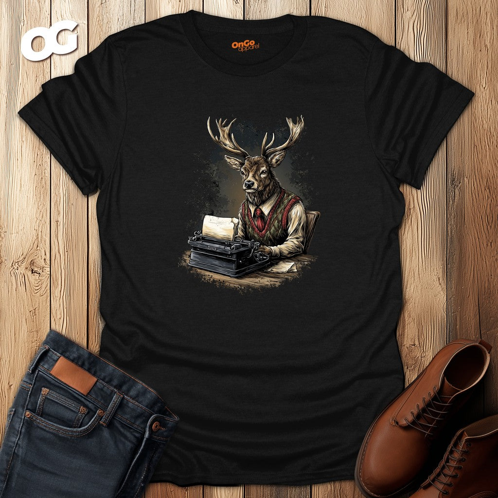 Vintage Deer Typewriter T-Shirt – black – oak-wood