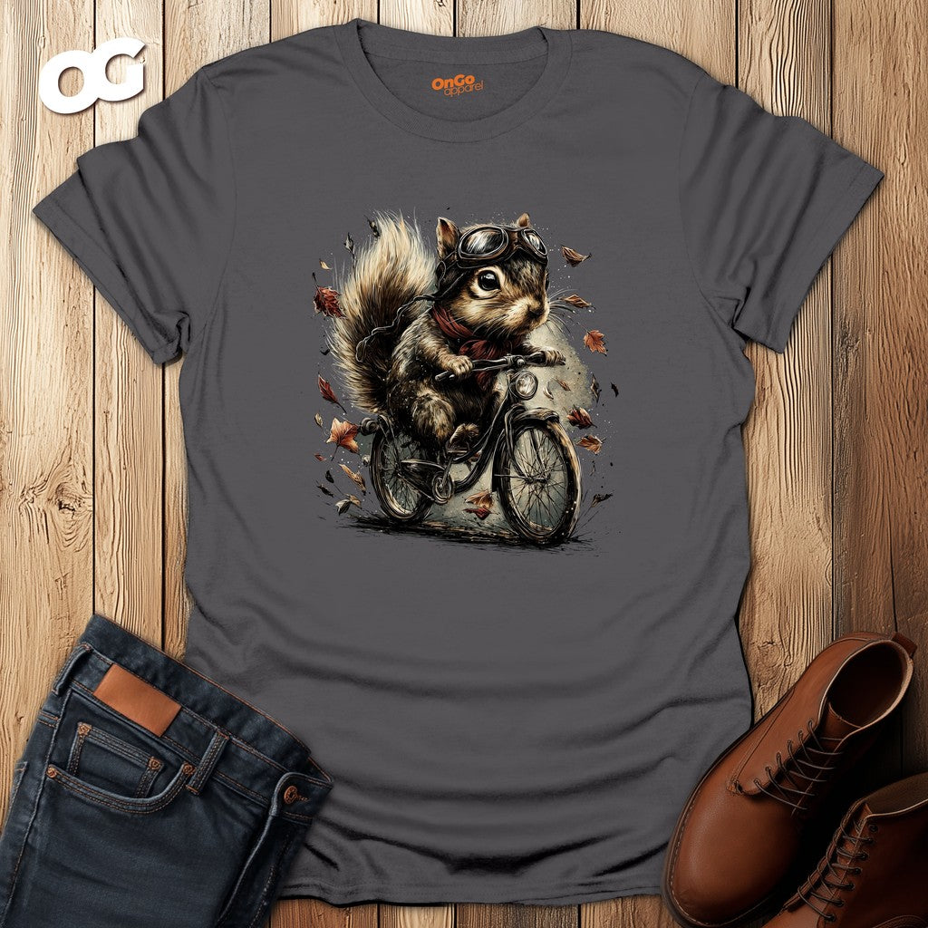 Squirrel Aviator Bike T-Shirt with Fun Animal Design – charcoal – oak-wood