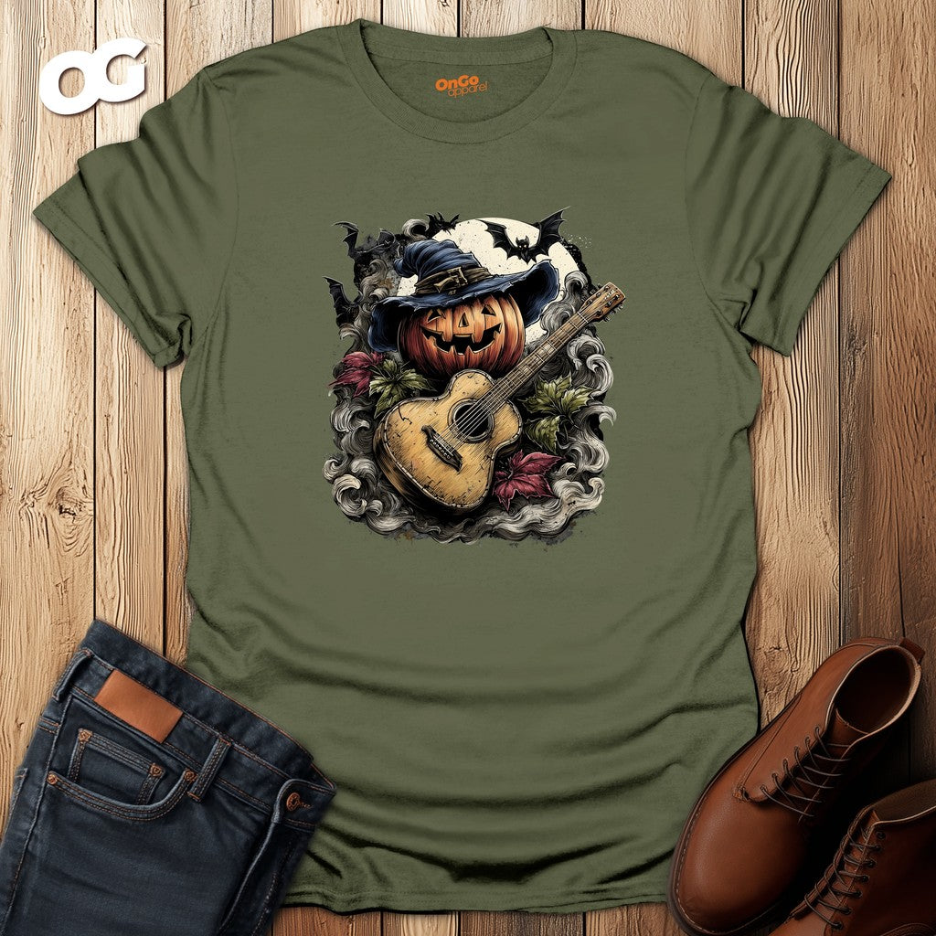 Halloween Pumpkin Guitar T-Shirt with Witch Hat – military_green – oak-wood