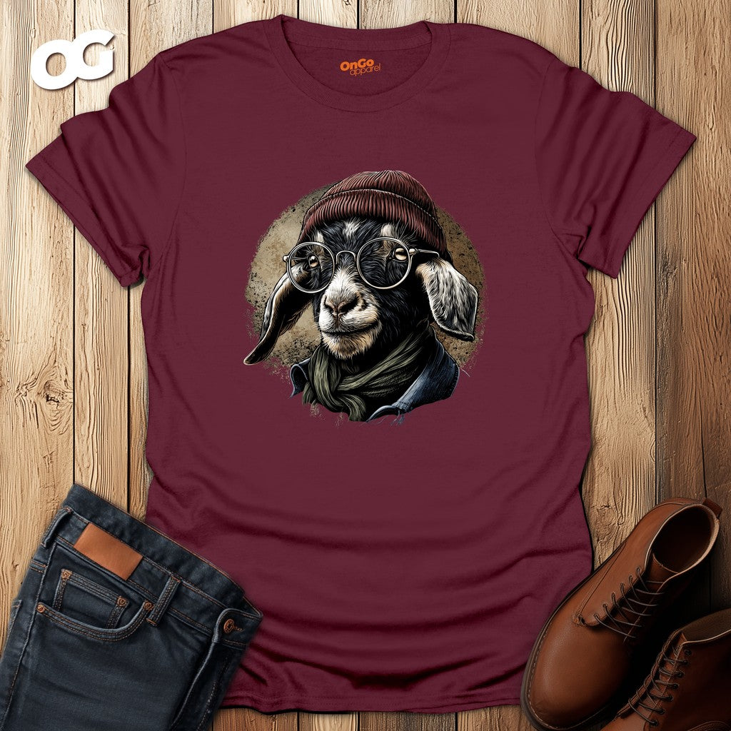 Trendy Goat T-Shirt with Glasses and Beanie Design – maroon – oak-wood