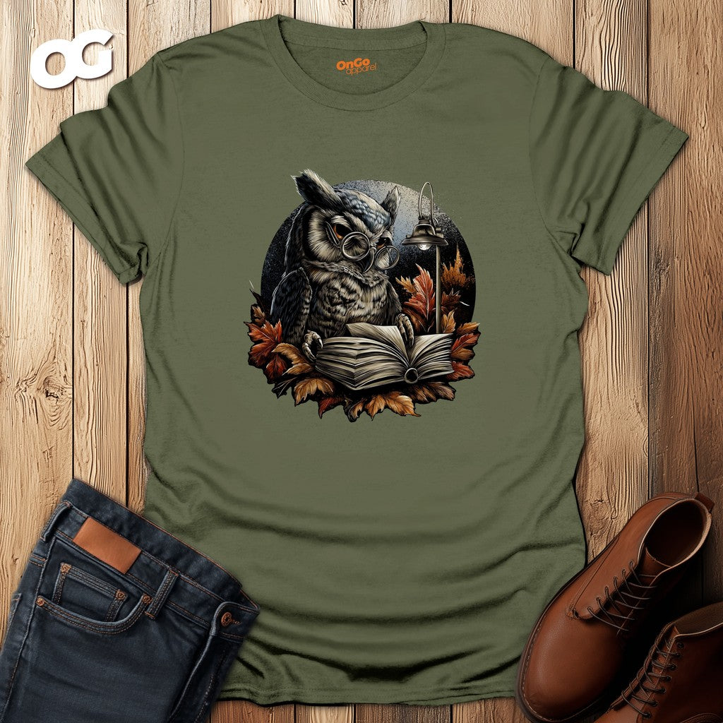 Owl Reading Book T-Shirt with Fall Leaves Design – military_green – oak-wood