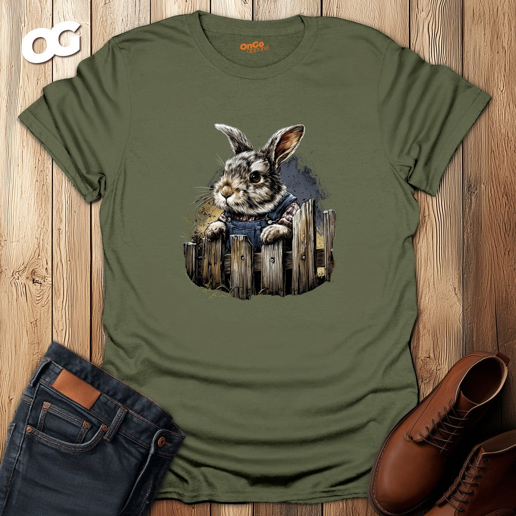 Charming Bunny in Overalls T-Shirt – military_green – oak-wood