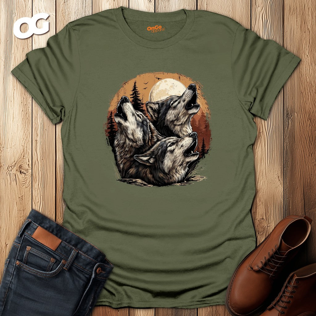 Wolf Moon T-Shirt with Howling Wolves Design – military_green – oak-wood