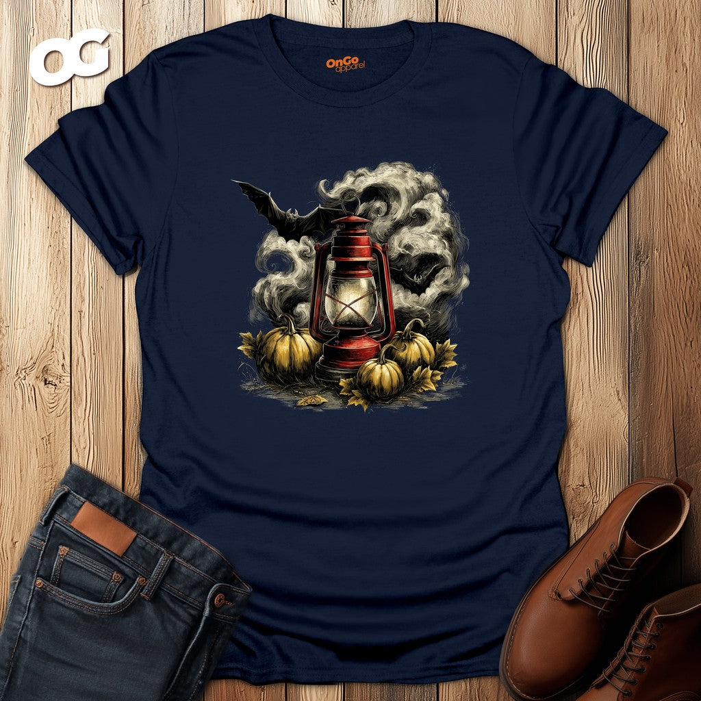 Eerie Lantern T-Shirt with Bats and Pumpkins Design – navy – oak-wood