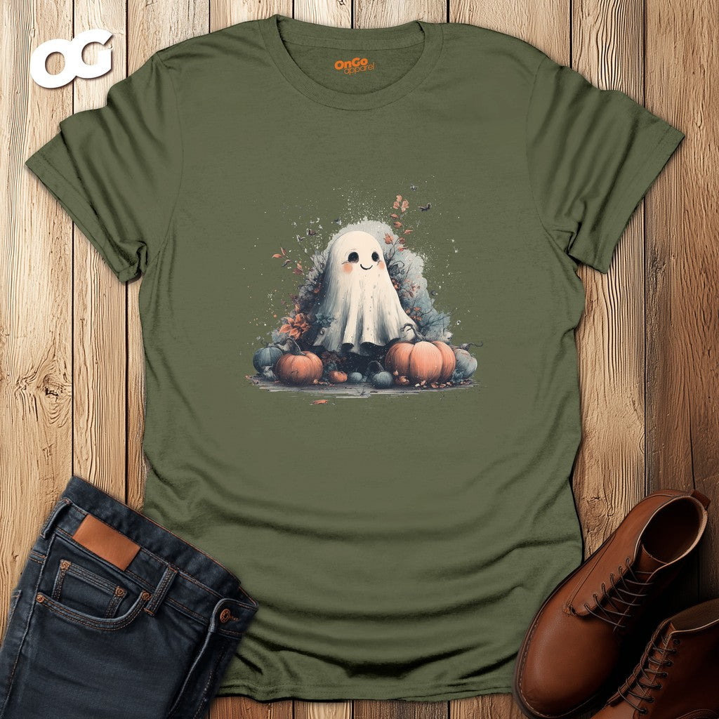 Cute Ghost and Pumpkins T-Shirt – military_green – oak-wood