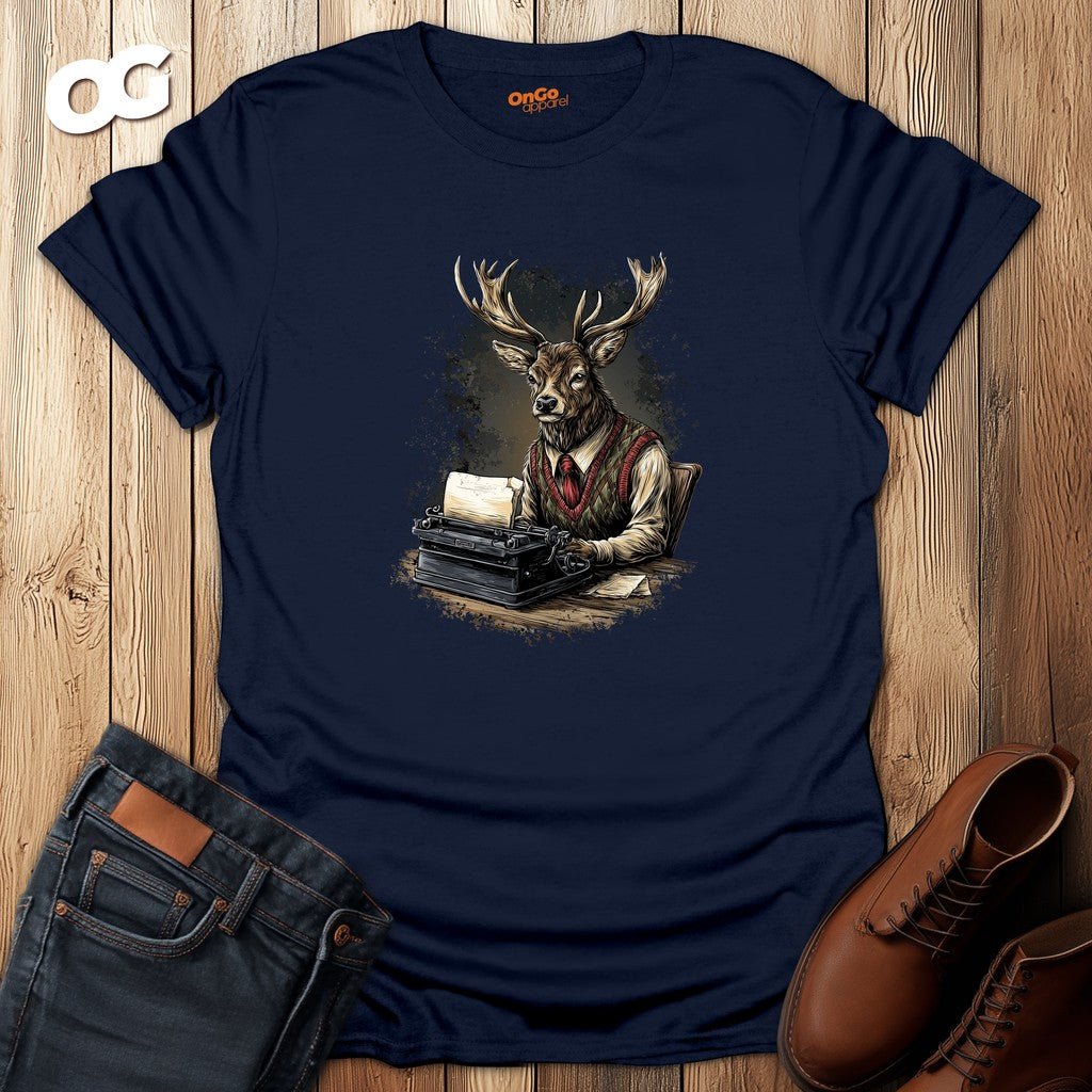 Vintage Deer Typewriter T-Shirt – navy – oak-wood