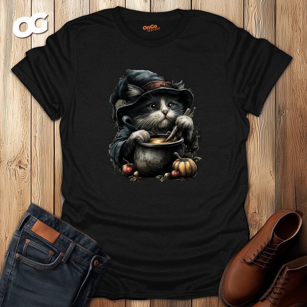 Cat Witch and Pumpkin Cauldron T-Shirt – black – oak-wood