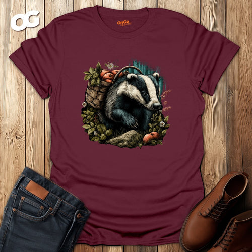 Badger and Basket Graphic T-Shirt – maroon – oak-wood