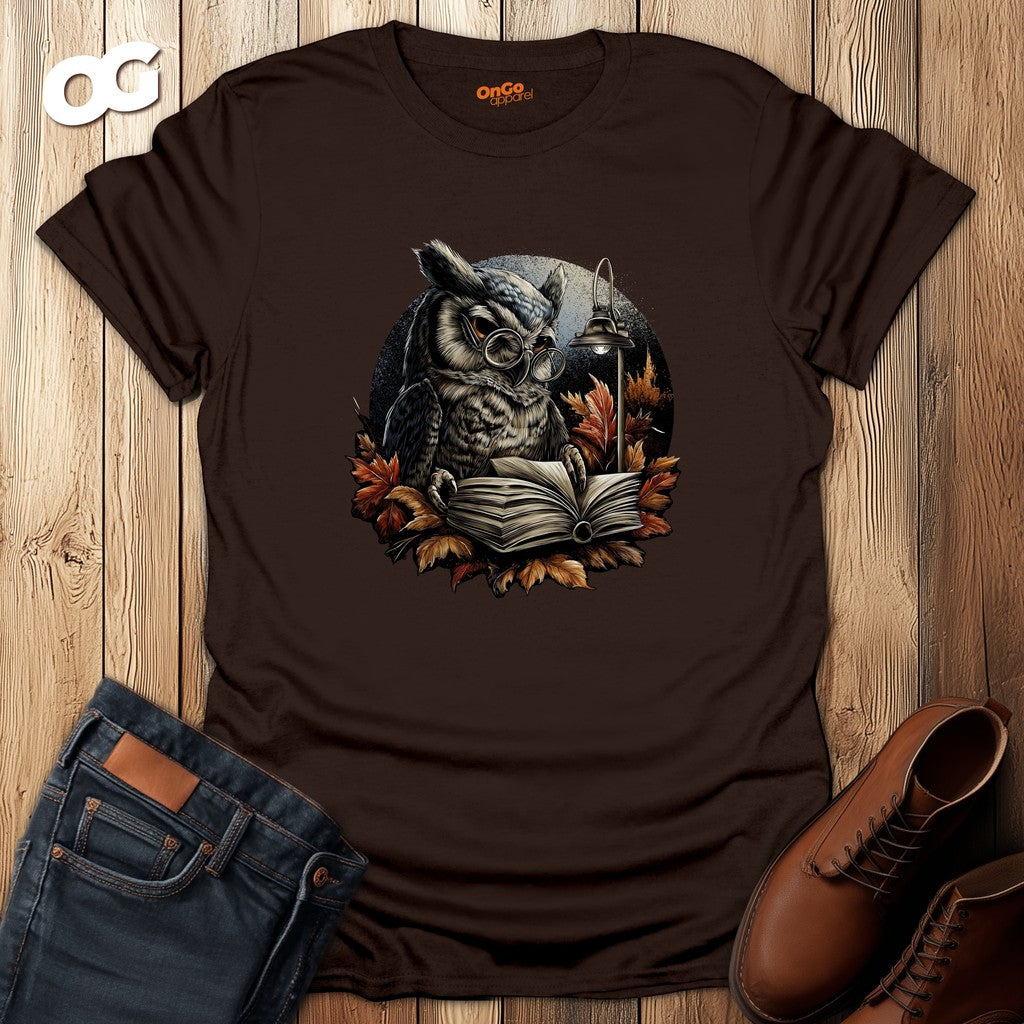 Owl Reading Book T-Shirt with Fall Leaves Design – dark_chocolate – oak-wood