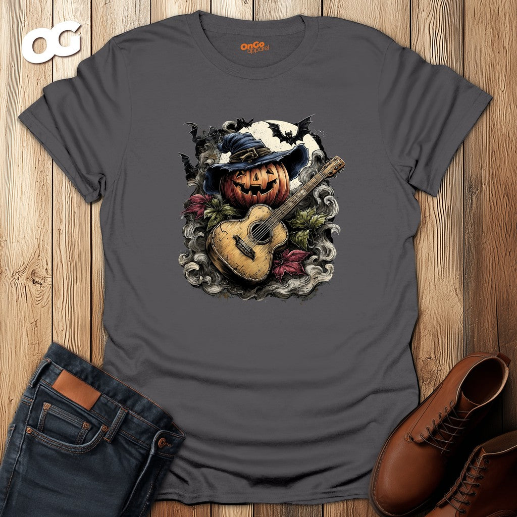 Halloween Pumpkin Guitar T-Shirt with Witch Hat – charcoal – oak-wood