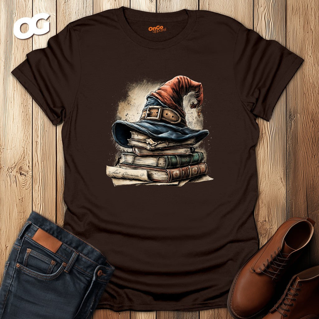 Wizard Hat with Books T-Shirt for Fantasy Fans – dark_chocolate – oak-wood