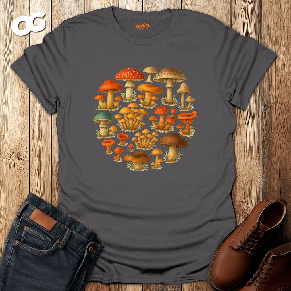 Mushroom Circle Unisex T-Shirt with Nature Design – charcoal – oak-wood