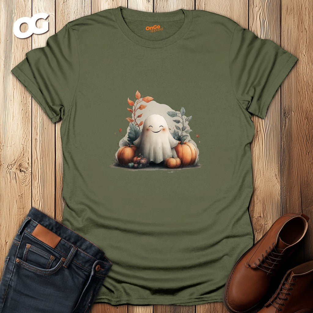 Cute Ghost and Pumpkin T-Shirt Design – military_green – oak-wood