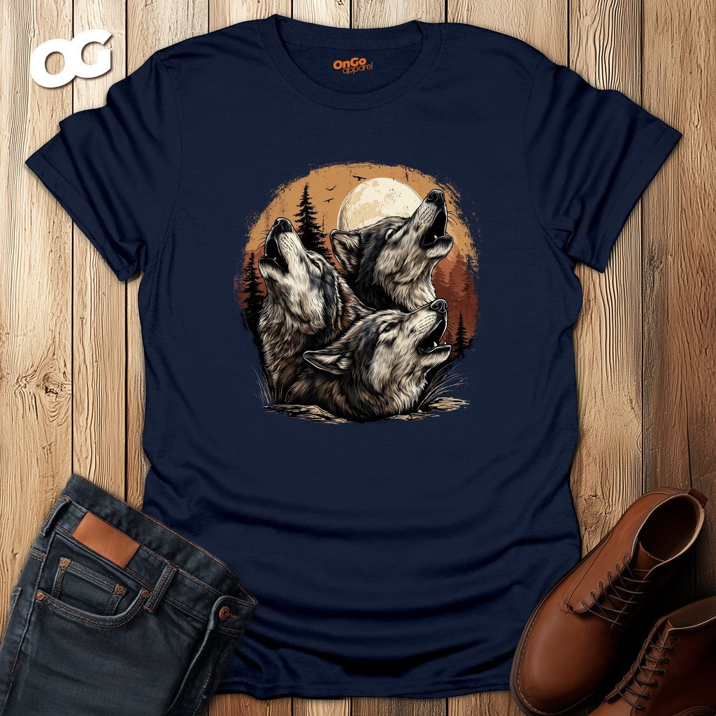 Wolf Moon T-Shirt with Howling Wolves Design – navy – oak-wood