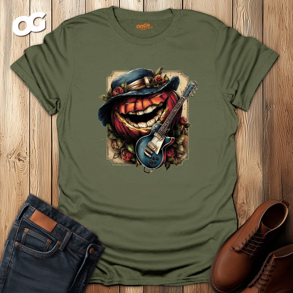 Pumpkin and Guitar Graphic T-shirt – military_green – oak-wood