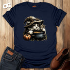 Cat Witch T-Shirt with Pumpkin Cauldron Design – navy – oak-wood
