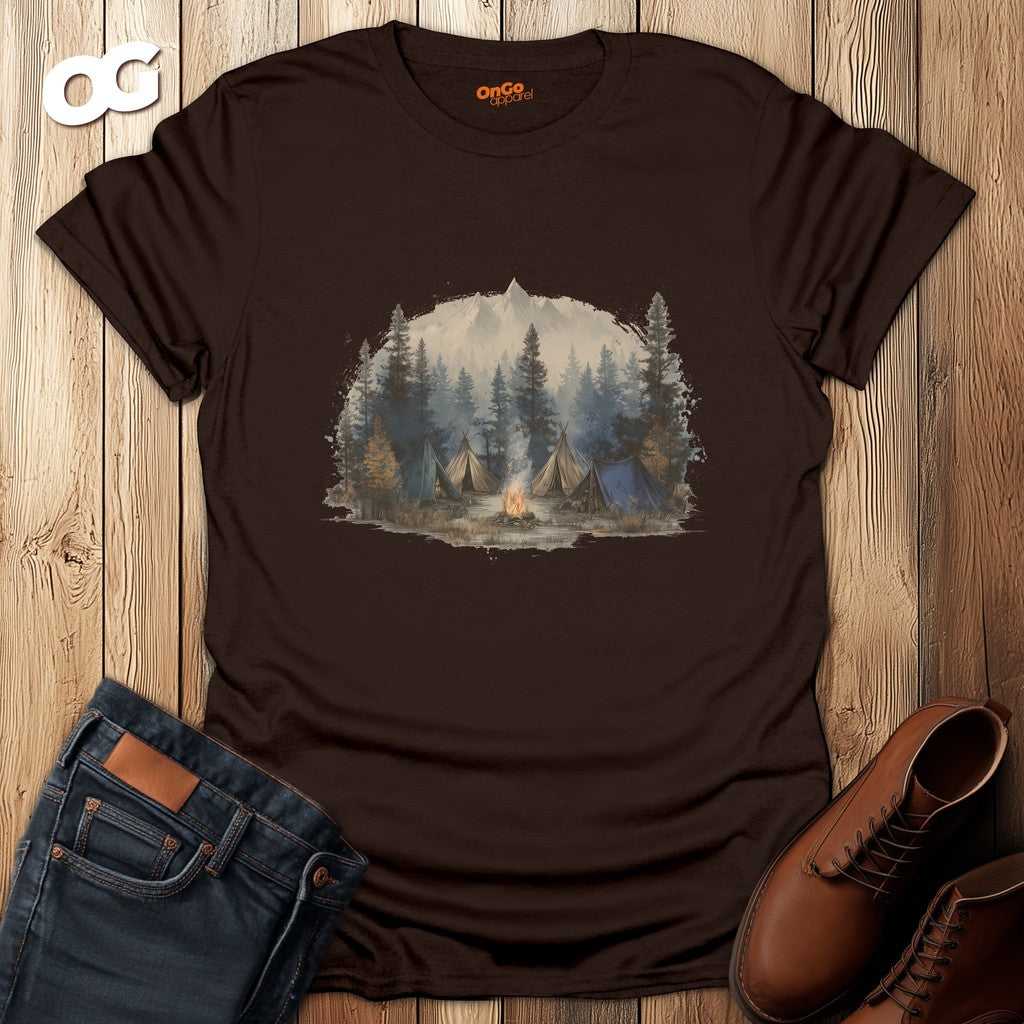 Camping Adventure T-Shirt with Mountain and Bonfire Design – dark_chocolate – oak-wood