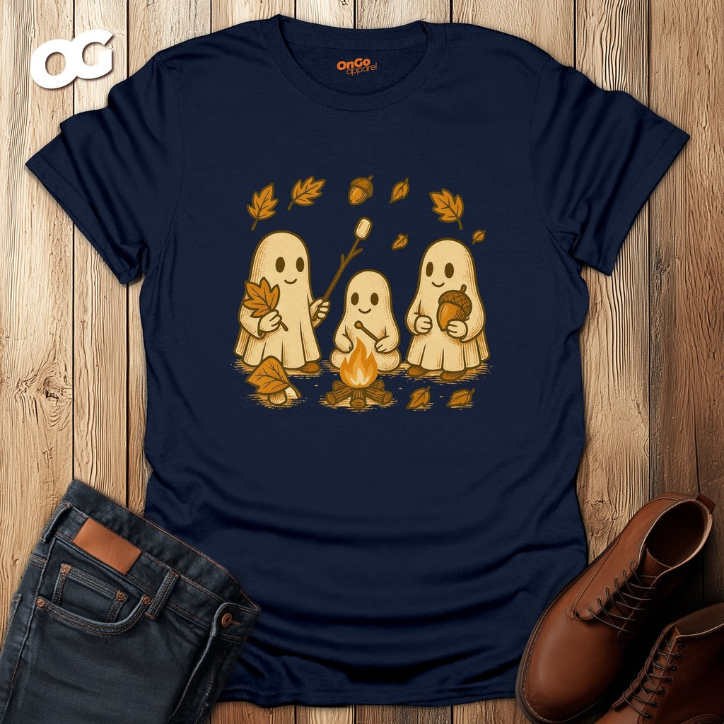 Ghosts Bonfire T-Shirt with Autumn Marshmallow Design – navy – oak-wood