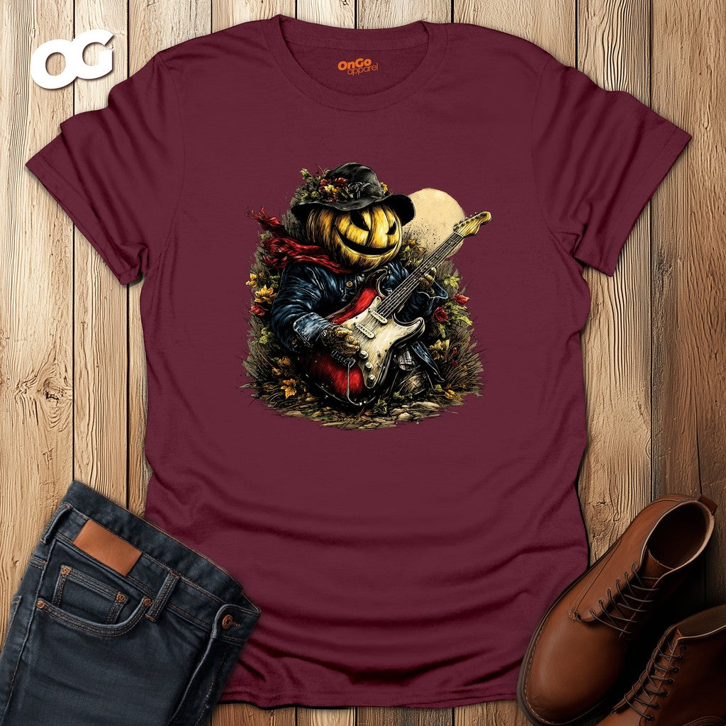 Pumpkin Guitarist T-Shirt with Creative Design – maroon – oak-wood