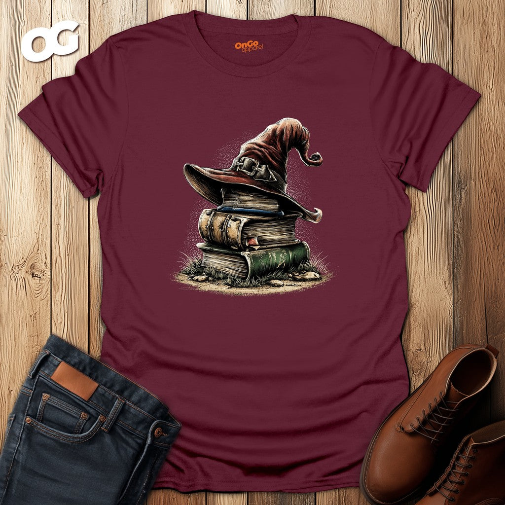 Mystical Wizard Hat and Books T-Shirt – maroon – oak-wood