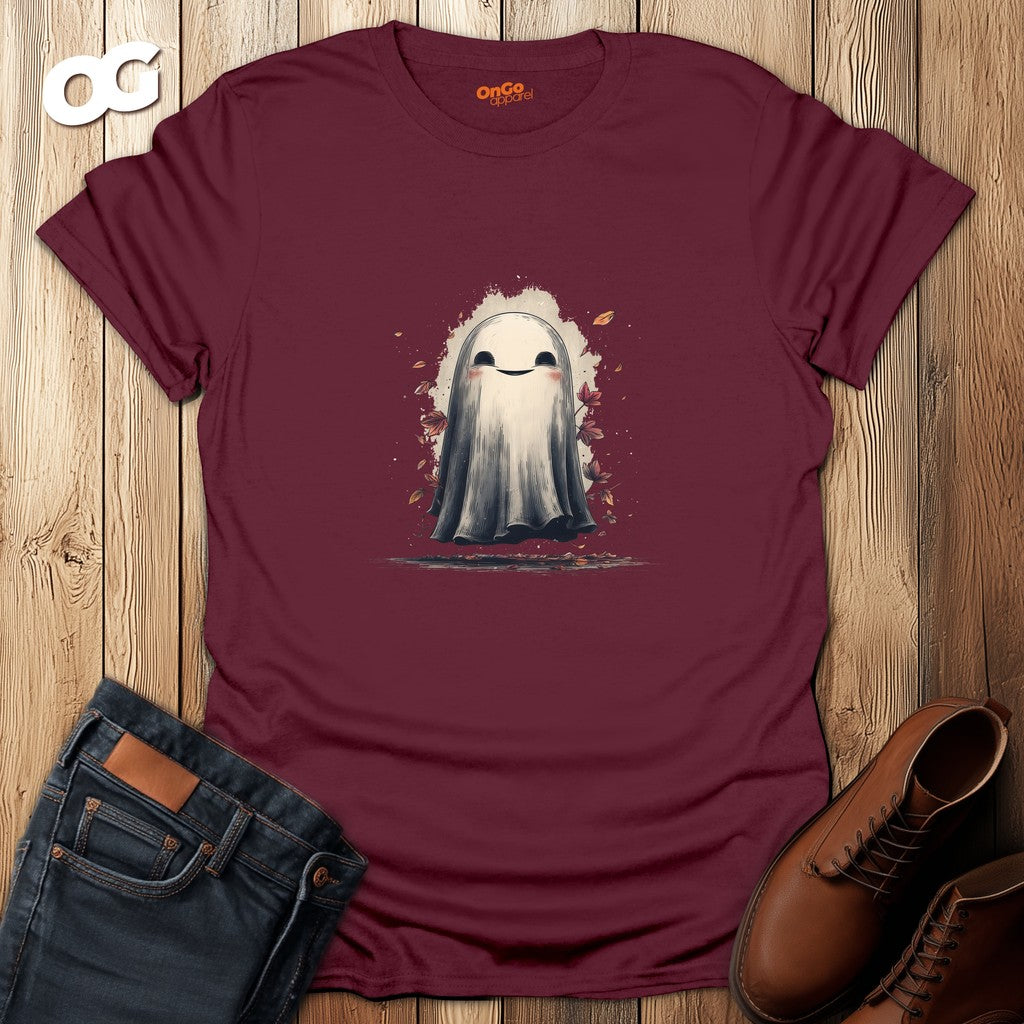 Charming Ghost with Leaves Graphic T-Shirt – maroon – oak-wood