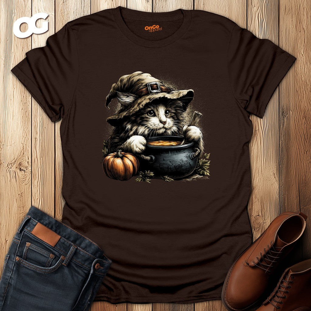 Cat Witch T-Shirt with Pumpkin Cauldron Design – dark_chocolate – oak-wood