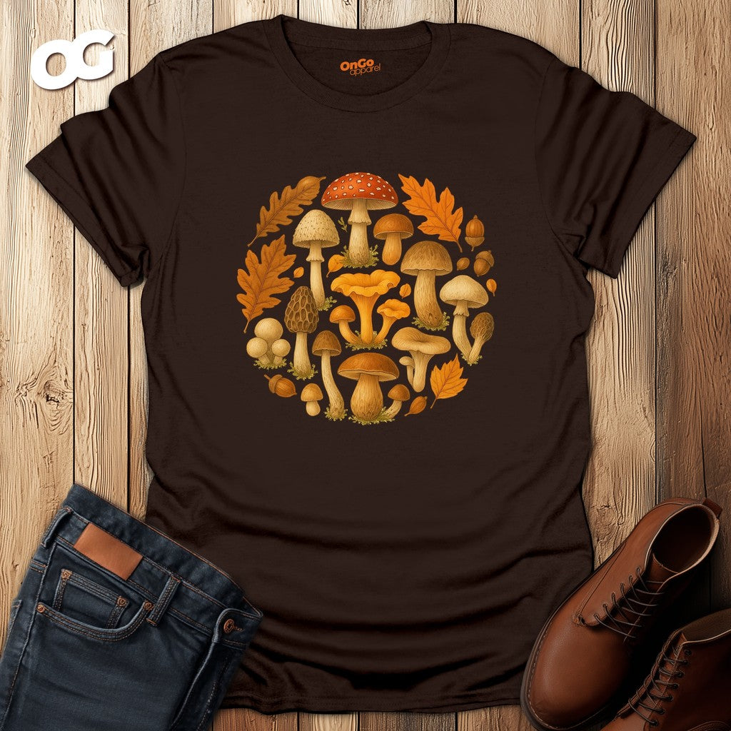 Mushroom & Leaf Circle Graphic T-Shirt – dark_chocolate – oak-wood