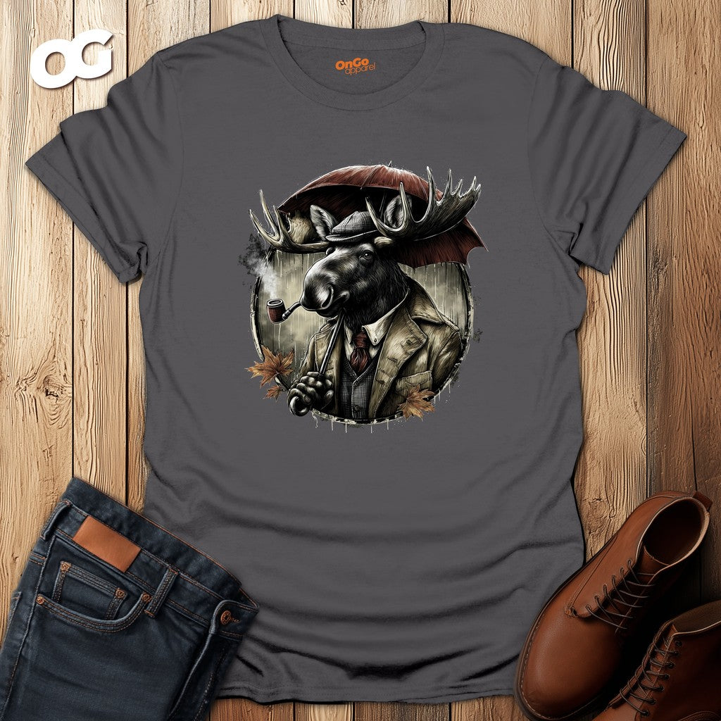 Stylish Moose with Umbrella and Pipe T-Shirt – charcoal – oak-wood