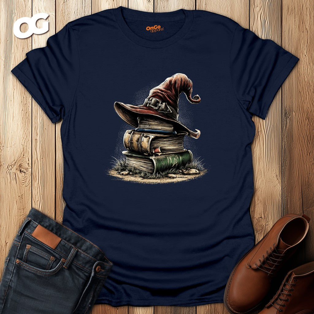 Mystical Wizard Hat and Books T-Shirt – navy – oak-wood