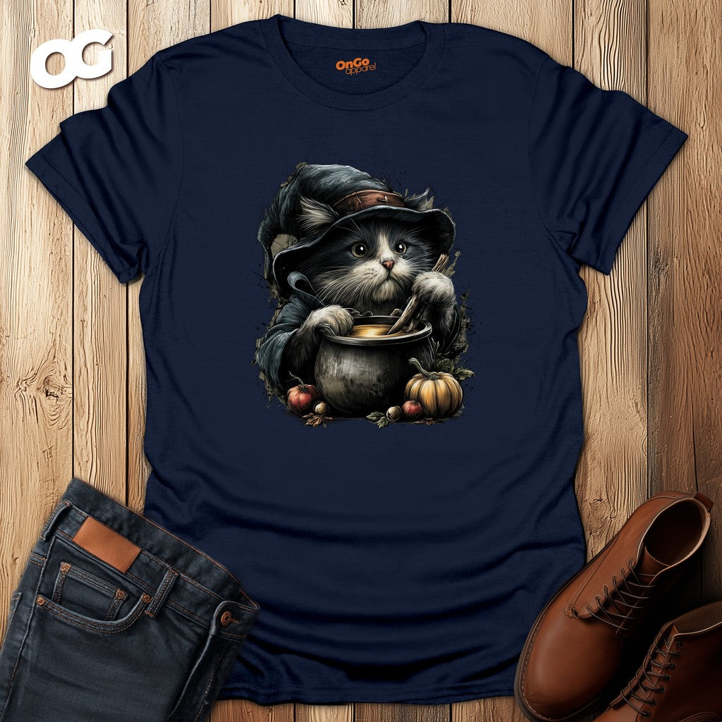 Cat Witch and Pumpkin Cauldron T-Shirt – navy – oak-wood