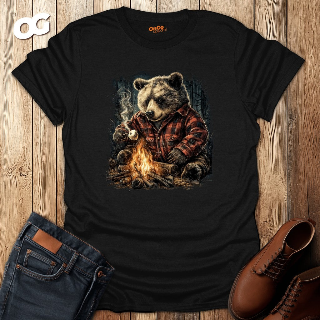 Cozy Bear Campfire T-Shirt with Marshmallow Design – black – oak-wood