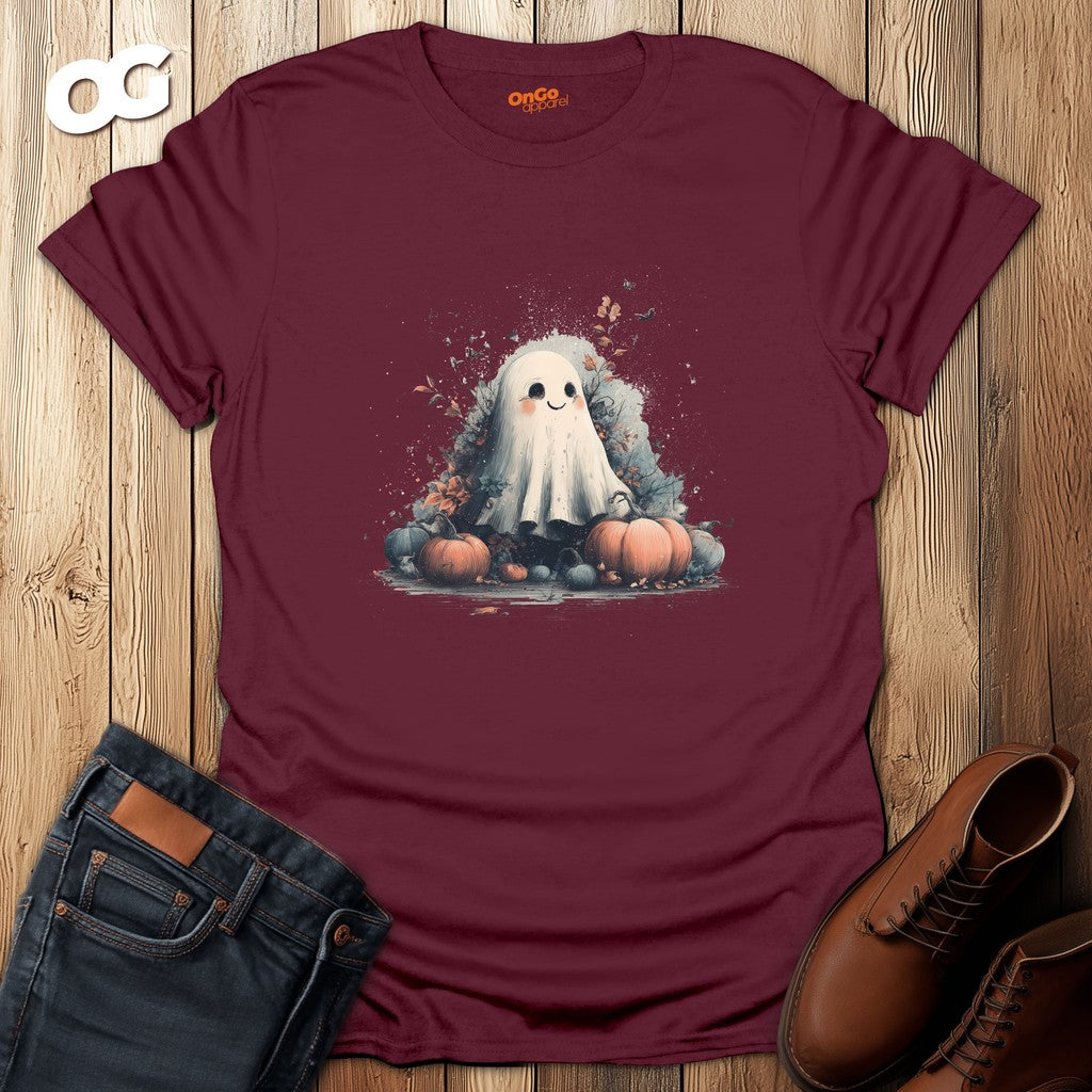 Cute Ghost and Pumpkins T-Shirt – maroon – oak-wood