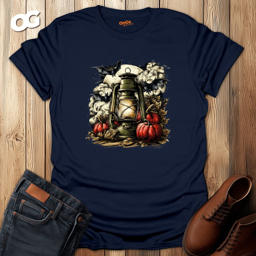 Halloween Lantern T-Shirt with Bats and Pumpkins – navy – oak-wood