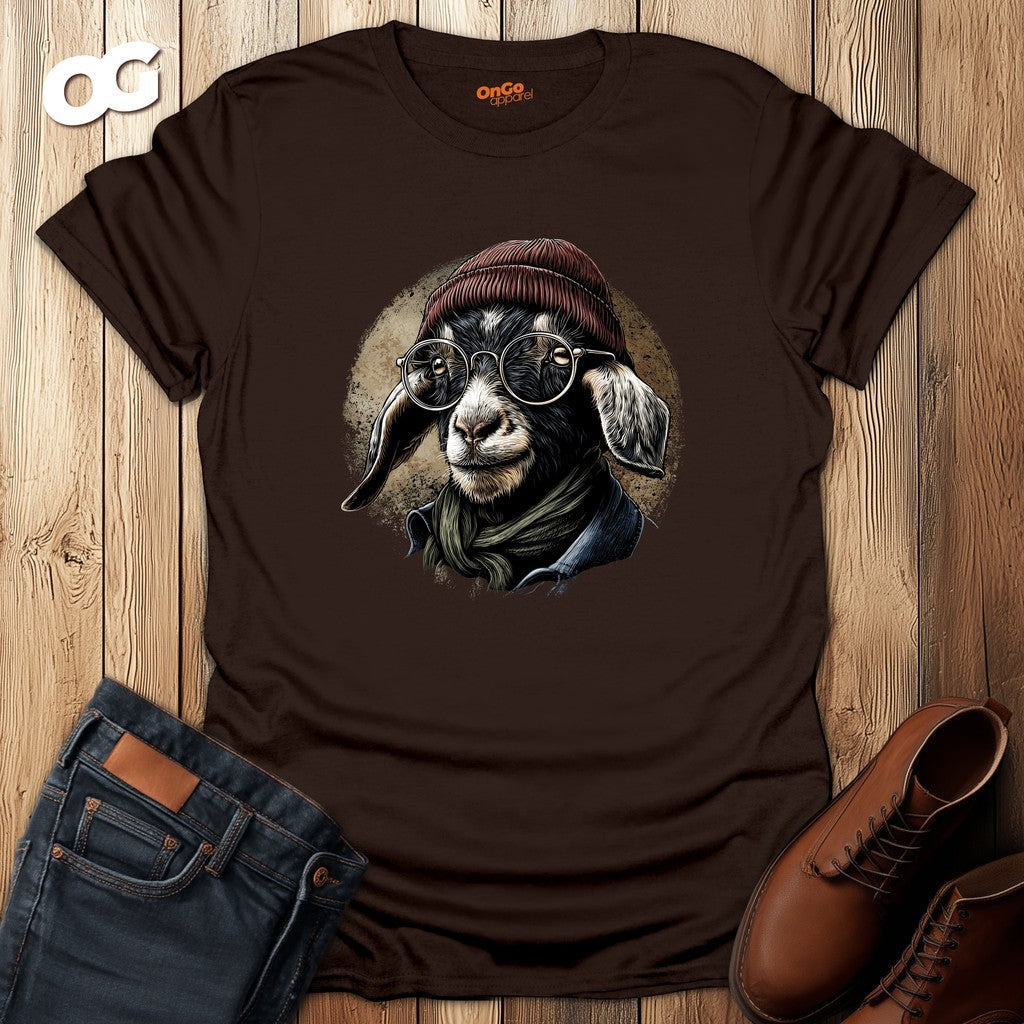 Trendy Goat T-Shirt with Glasses and Beanie Design – dark_chocolate – oak-wood