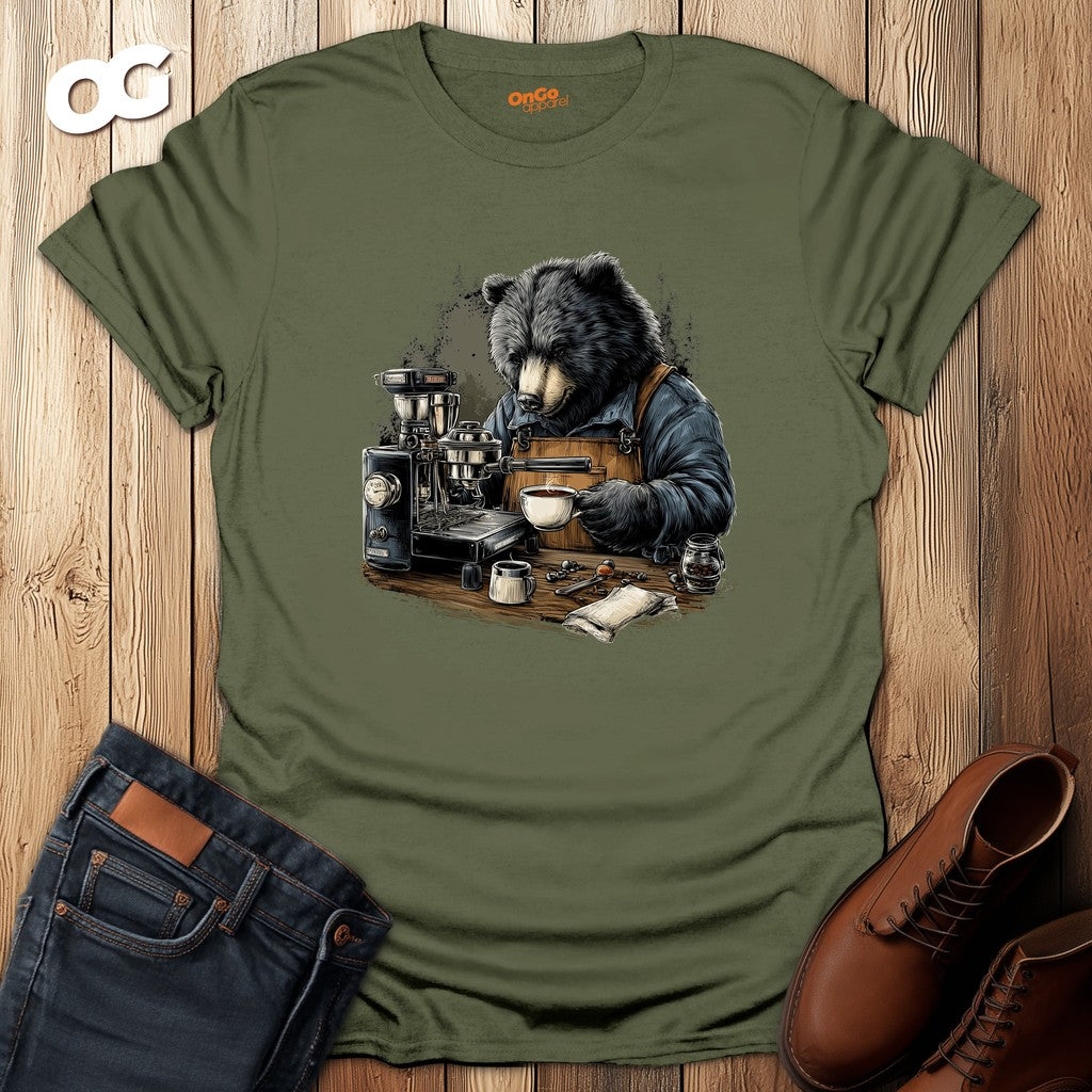 Bear Barista T-Shirt with Coffee Design – military_green – oak-wood