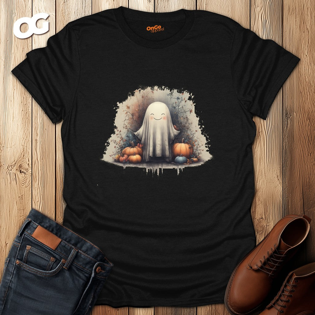 Charming Ghost and Pumpkins Graphic T-Shirt – black – oak-wood