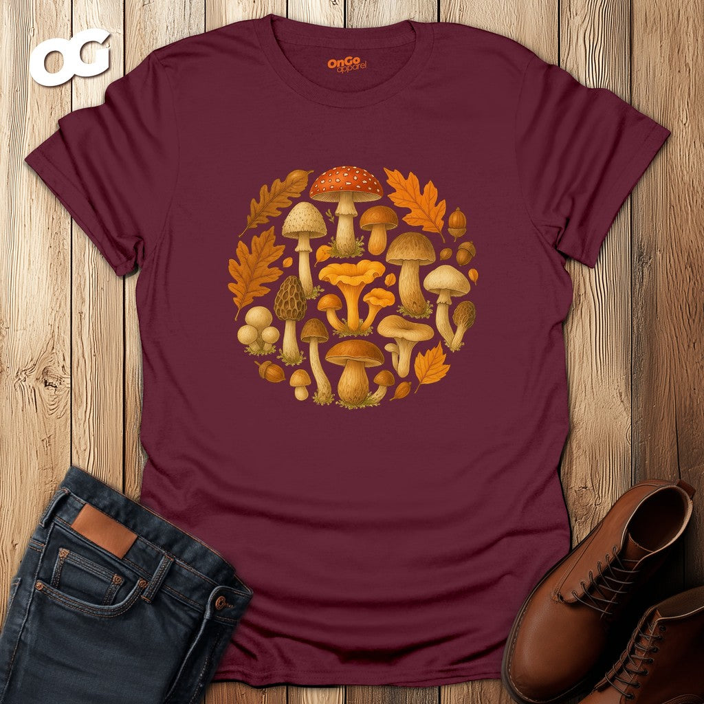 Mushroom & Leaf Circle Graphic T-Shirt – maroon – oak-wood