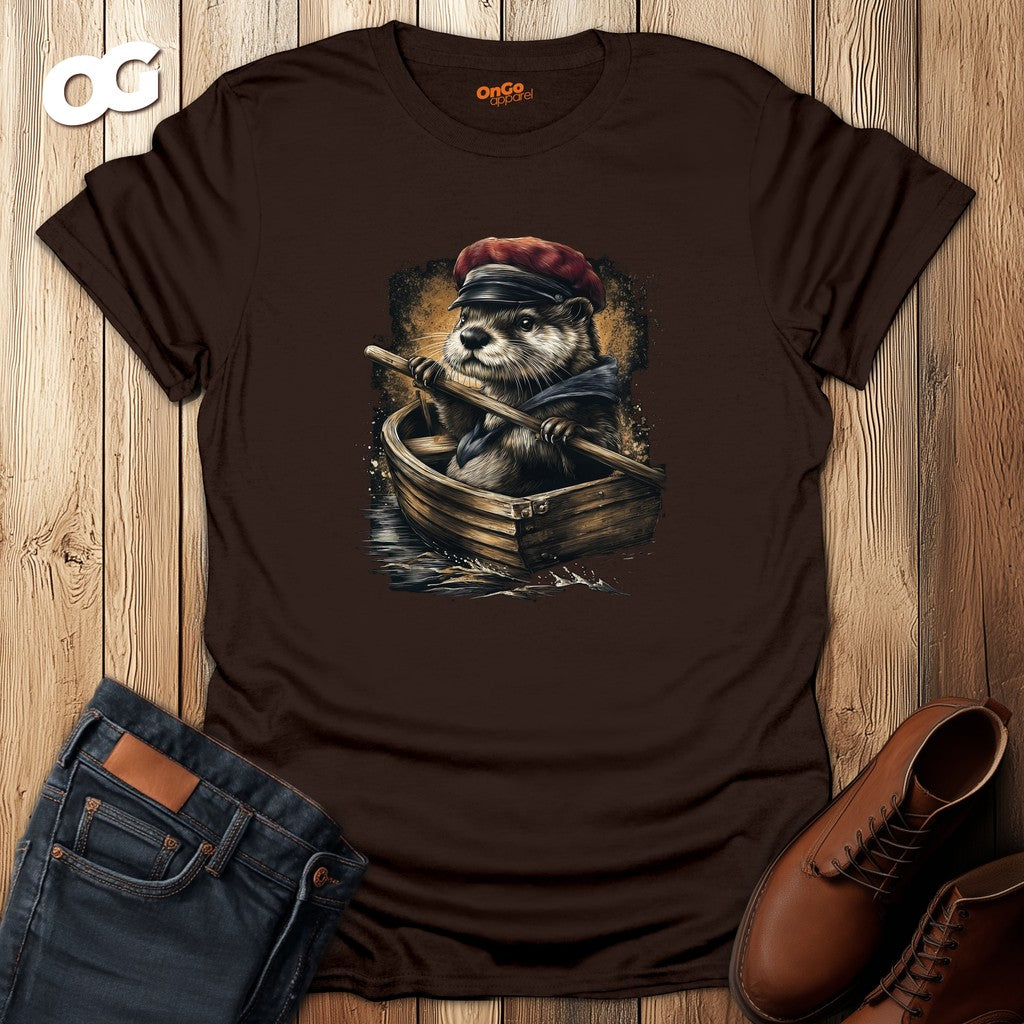 Otter in Boat T-Shirt with Red Cap Design – dark_chocolate – oak-wood