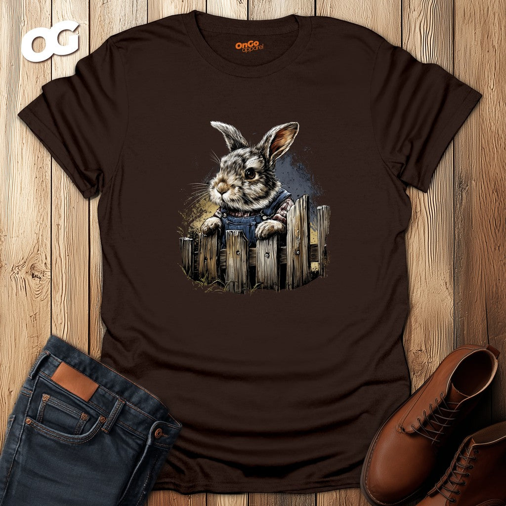 Charming Bunny in Overalls T-Shirt – dark_chocolate – oak-wood